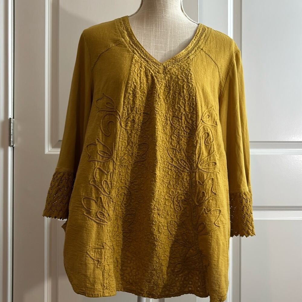 Gretty Zueger Womens Large Yellow Embroidered V Neck Boho 3/4 Sleeve Lagenlook